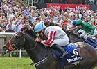 Slade Power comes home strong to take the Darley July Cup.<br><a target="blank" href="http://photos.bloodhorse.com/AtTheRaces-1/At-the-Races-2014/i-dL87Qvt">Order This Photo</a>