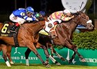 Aurelia's Belle (left) finished second in the Regret Stakes, but was placed first.<br><a target="blank" href="http://photos.bloodhorse.com/AtTheRaces-1/At-the-Races-2014/i-5THBHBS">Order This Photo</a>