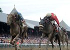 Wicked Strong and V. E. Day in the Travers Stakes.
<br><a target="blank" href="http://photos.bloodhorse.com/AtTheRaces-1/At-the-Races-2014/i-gQFQkPX">Order This Photo</a>