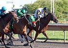 Recount (inside) holds off his rivals to win the Arlington-Washington Futurity.