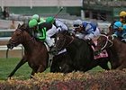 Nistle's Crunch with Robby Albarado (green cap) wins a tight finish in the Commonwealth Turf at Churchill Downs Nov. 9.