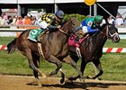 Awesomemundo (left) goes by Love and Pride to win the $100,000 Allaire DuPont Distaff Stakes.<br><a target="blank" href="http://photos.bloodhorse.com/AtTheRaces-1/at-the-races-2012/22274956_jFd5jM#!i=1855728702&k=VrmjnGK">Order This Photo</a>