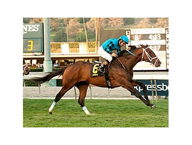 Finnegans Wake streaks home to win the San Gabriel Stakes at Santa Anita.