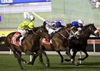 Jakkalberry (left, outside) goes by Await the Dawn and Cavalryman to win the Dubai City Of Gold.