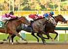 Fed Biz (right) finished a head in front of Tritap (center, gray) in the San Fernando, with Guilt Trip in 3rd.