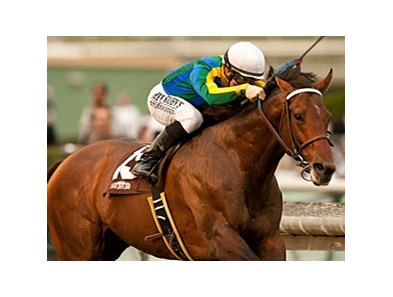 Suggestive Boy takes command late in the Arcadia Stakes.