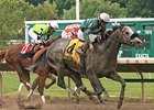 Well Spelled comes running late to win the Jersey Shore Stakes.