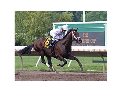 Rule pulls away late to take the Monmouth Cup Stakes.