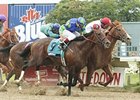 Pleasant Prince (inside) outnoses Worldy to win the Ohio Derby.