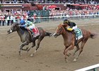 Emma's Encore (left) closes with a rush to defeat Judy the Beauty in the Prioress Stakes.<br><a target="blank" href="http://photos.bloodhorse.com/AtTheRaces-1/at-the-races-2012/22274956_jFd5jM#!i=2006185067&k=RBVdPX3">Order This Photo</a>