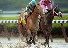 Calidoscopio and Percussion splash through the mud during the Brooklyn June 7.<br><a target="blank" href="http://photos.bloodhorse.com/AtTheRaces-1/at-the-races-2013/27257665_QgCqdh#!i=2561243538&k=KM78RFH">Order This Photo</a>