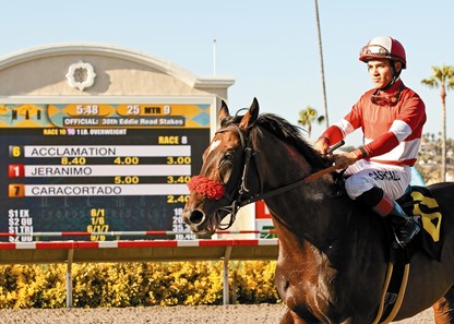 Jockey Joel Rosario and Acclamation after their victory in the Grade I, $300,000 Eddie Read Stakes.