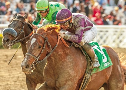Hear the Ghost and jockey Corey Nakatani (right) overpower Tiz a Minister to win the 2013 Grade II $300,000 San Felipe Stakes at Santa Anita Park.