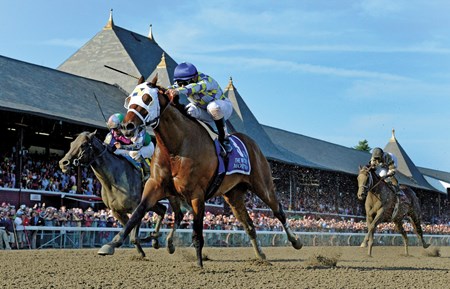 Southern Equine Stables' 10-1 shot Moreno went wire-to-wire in the 1 1/8-mile 2014 Whitney Handicap, easily holding off Itsmyluckyday and Will Take Charge to finish 1 1/4 lengths clear for jockey Junior Alvarado at Saratoga.