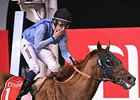 William Buick celebrates victory in the Dubai World Cup aboard Prince Bishop.