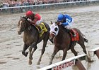 Alpha (right) repels a challenge from Flat Out to win the Woodward.