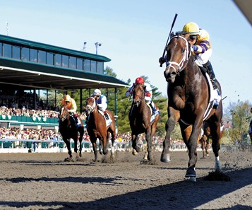 Stately Victor and jockey Alan Garcia overpower the rest of the field to win the 2010 Bluegrass Stakes at Keeneland.