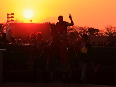 Filly Gentildonna celebrates at Tokyo Race Course after winning the Japan Cup and becoming the first filly to win this prestigious event twice.
