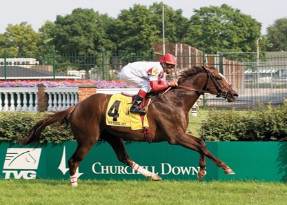 Kitten's Joy and jockey Edgar Prado win the Firecracker Breeders' Cup Handicap at Churchill Downs.