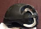 Jockey Edgar Prado's helmet after he fell and was stepped on by a horse at the current Gulfstream Park meet. Prado suffered a laceration but no serious head injury.