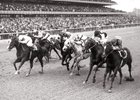 Ta Wee (inside) and jockey John L. Rotz leads the furious charge before winning the 1969 Vosburgh Handicap.