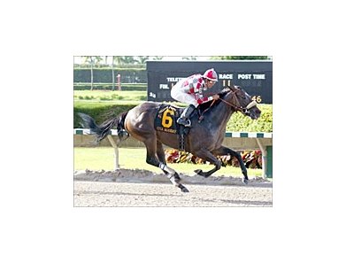 Ema Bovary crosses the finish line in the Princess Rooney Handicap during Calder's Summit of Speed.