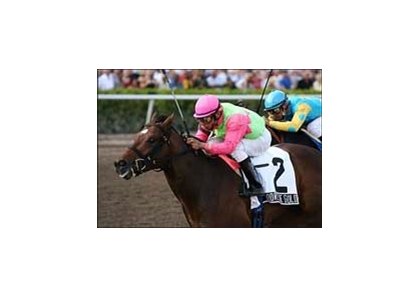 Adore the Gold, with Cornelio Velasquez aboard, wins the Swale Stakes at Gulfstream Park.