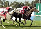 Mea Domina, right, and Solar Echo finish 1-2 in the Gamely Breeders' Cup Handicap.