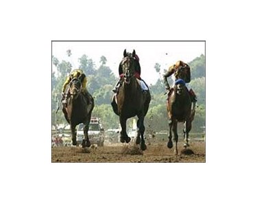 Rock Hard Ten, center, runs by Roman Ruler, right, and Choctaw Nation, left, to win the Goodwood Breeders' Cup Handicap, Saturday at Santa Anita.