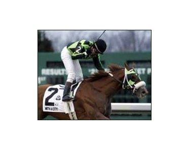 Jockey Brice Blanc celebrates atop With a City as they cross the finish line first in the Lane's End Stakes, Saturday at Turfway Park.