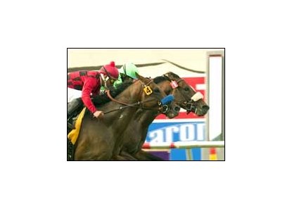 A.P. Warrior (inside) holds off favored Porto Santo to win the La Jolla Handicap, Saturday at Del Mar.