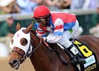 Groupie Doll is all alone at the finish of the Humana Distaff Stakes.<br><a target="blank" href="http://photos.bloodhorse.com/AtTheRaces-1/at-the-races-2012/22274956_jFd5jM#!i=1830421925&k=M2RfXjC">Order This Photo</a>