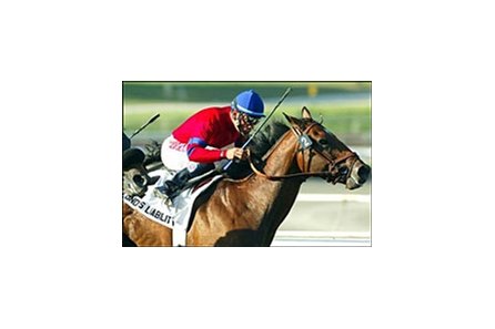 Lundy's Liability, ridden by David Flores, wins the Goodwood Breeders' Cup Handicap, Saturday at Santa Anita.