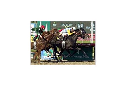 Ace Blue and David Flores, right, outduel Ender's Shadow and Rene Douglas for the victory in the Mervyn LeRoy Handicap, Saturday at Hollywood Park.