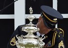 The original Woodlawn Vase, designed by Tiffany, is placed on the winner's circle podium at Pimlico Race Course