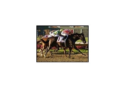 Western Pride leads the Ohio Derby field to the finish line, with Woodmoon (7) second.