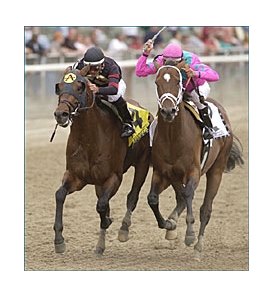 Ghostzapper, left, beats Saint Liam to the wire in the 51st running of the Woodward, Saturday at Belmont.