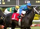 Dynamite Lass (1) and Rafael Bejarano hold off late charges by Olaya (inside) and Noble Stella to win the Very One Handicap.