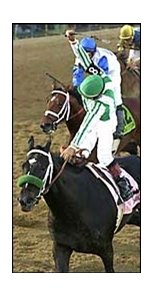 Victor Espinoza has reason to celebrate as War Emblem wins the Preakness Stakes.