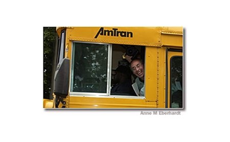 Lenny Shulman arrives at Belmont aboard Funny Cide fan bus.