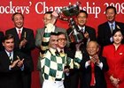 Douglas Whyte hoists the 2008 Cathay Pacific International Jockeys' Championship trophy.