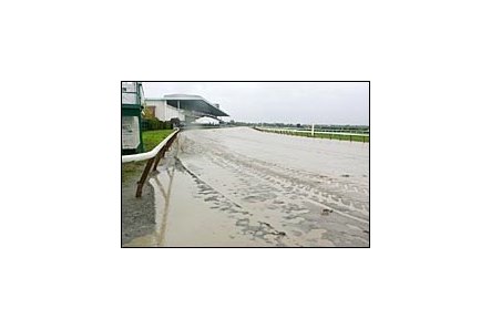Rain-soaked Belmont Park, Tuesday morning.