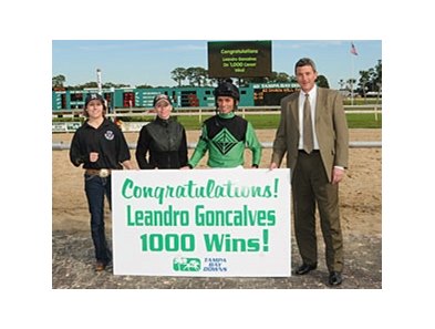 Leandro Goncalves celebrates win number 1,000 at Tampa Bay Downs.