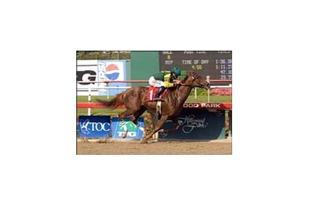 Hystericalady and Patrick Valenzuela win the Hollywood BC Oaks Sunday at Hollywood Park.