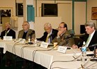 CHRB members John Andreini, left, Jerry Moss, John Amerman, Chairman Richard Shapiro and John Harris listen to commentary during the meeting.