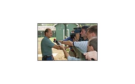 Trainer Barclay Tagg, explains why Funny Cide is out of the Travers.
