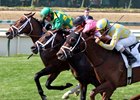 Finnegans Wake (green cap) wins the 2015 Woodford Reserve Turf Classic Stakes (G1T), defeating Jack Milton and Seek Again.