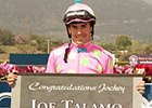 Jockey Joe Talamo celebrates win number 1,000 at Santa Anita.