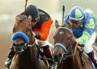 Declan's Moon (right), here winning the Del Mar Futurity during a sensational sophomore campaign, will miss rest of 2005 with injury.