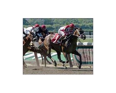Round Pond (1) outruns Smuggler (6) to capture the Acorn Stakes, Saturday at Belmont.